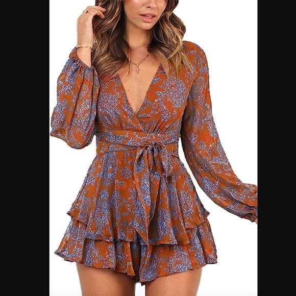 Relipop Romper L NWOT Floral Print V-Neck Long Sleeve Waist Tie Layered Ruffle - Picture 2 of 9